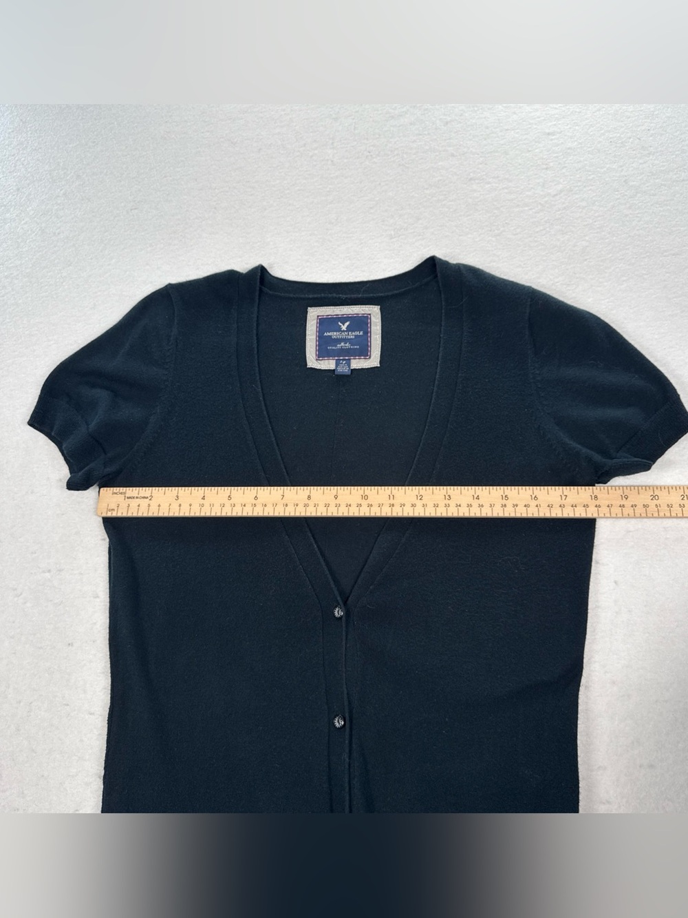 American Eagle Short Sleeve Long V-Neck Cardigan Women’s L Black Pockets Cotton - Picture 4 of 8